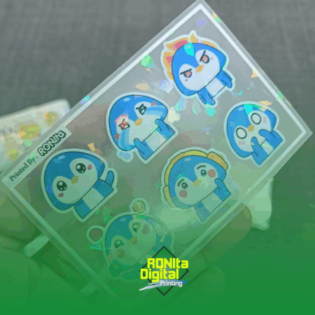 Stiker Sheet Transparan SC RDS UV PSH CMYKWH Laminasi Hologram Pecah Beling A3