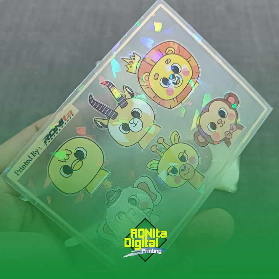 Stiker Sheet Transparan SC RDS UV PSH CMYKWH Laminasi Hologram Pecah Beling A3 - Gambar 3