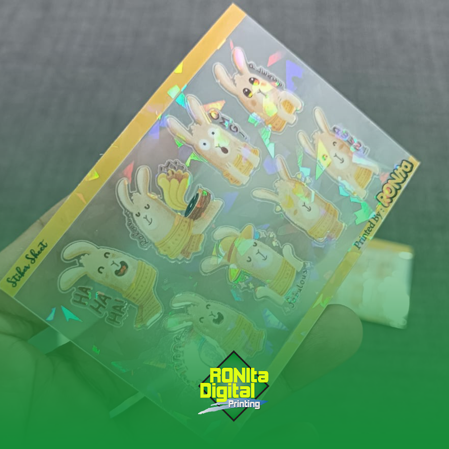 Stiker Sheet Transparan SC RDS UV PSH CMYKWH Laminasi Hologram Pecah Beling A3 - Gambar 4