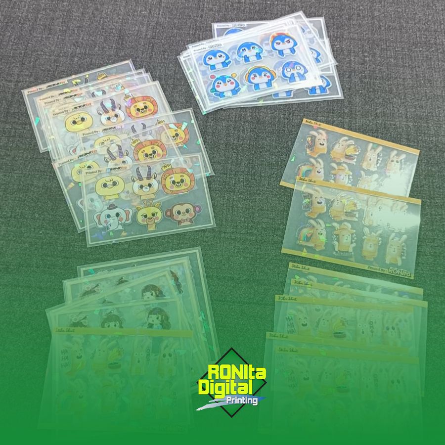 Stiker Sheet Transparan SC RDS UV PSH CMYKWH Laminasi Hologram Pecah Beling A3 - Gambar 5
